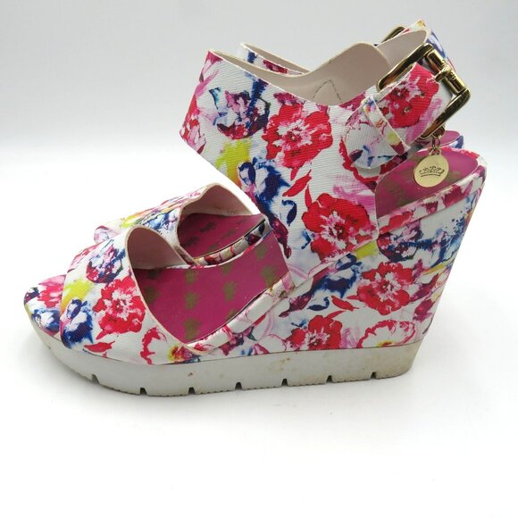 Juicy Couture Shoes Womens Size 8 Wedge Sandals Pink White Ankle Strap Platform‎ - Picture 6 of 9
